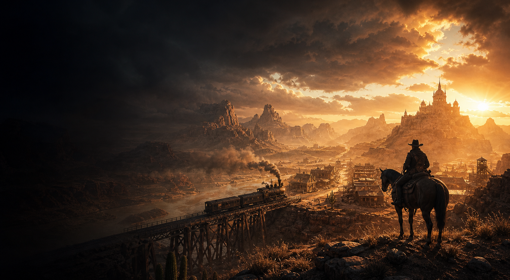 Generiertes Rich Royal Key Art mit Frontier-Landschaft, Zug und Reiter